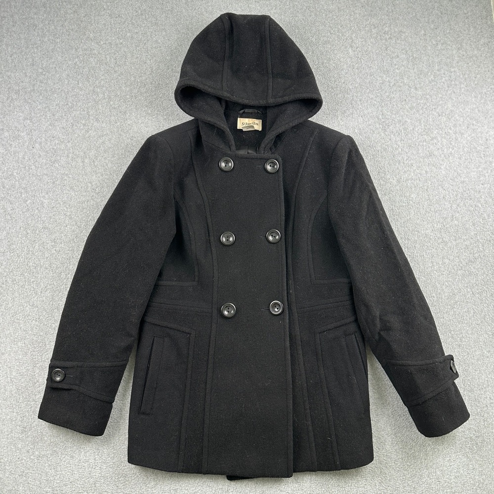 St Johns Bay Pea Coat Womens Medium Black Wool Cashmere Blend Hooded Jacket